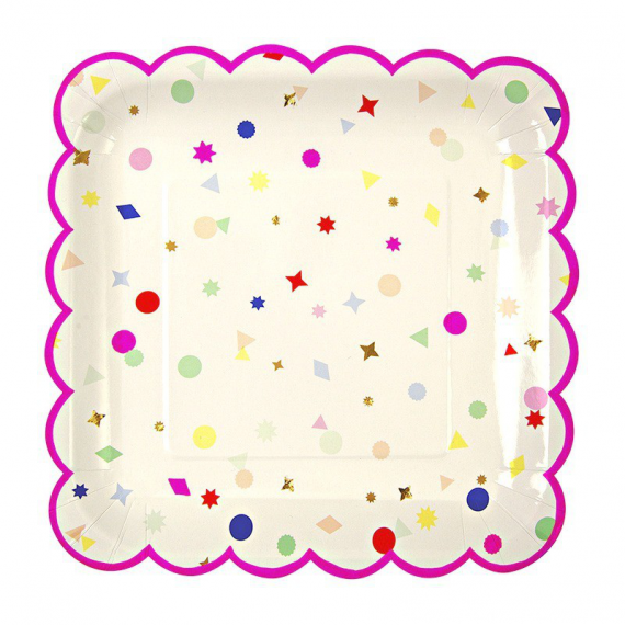 assiettes carrées feston pink confettis