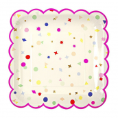 assiettes carrées feston pink confettis