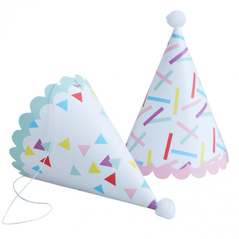 rice set anniversaire: 6 chapeaux pointus en papier décoré et pompom