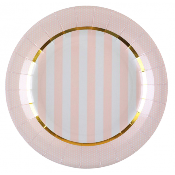 Assiettes rayures bord pois rose et or